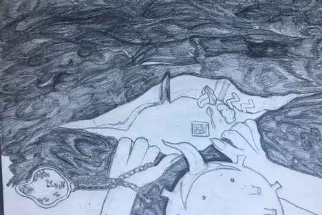 A birds eye view, black and white art piece showing a monster with a clock chain attached to his left wrist tearing through an opening where a boy appears.